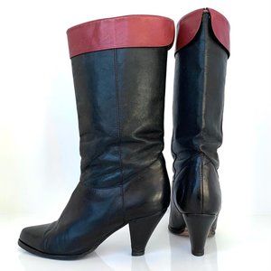 Vintage Custom-made black leather w/ red cuffs ½ knee high heeled boots - Size 7